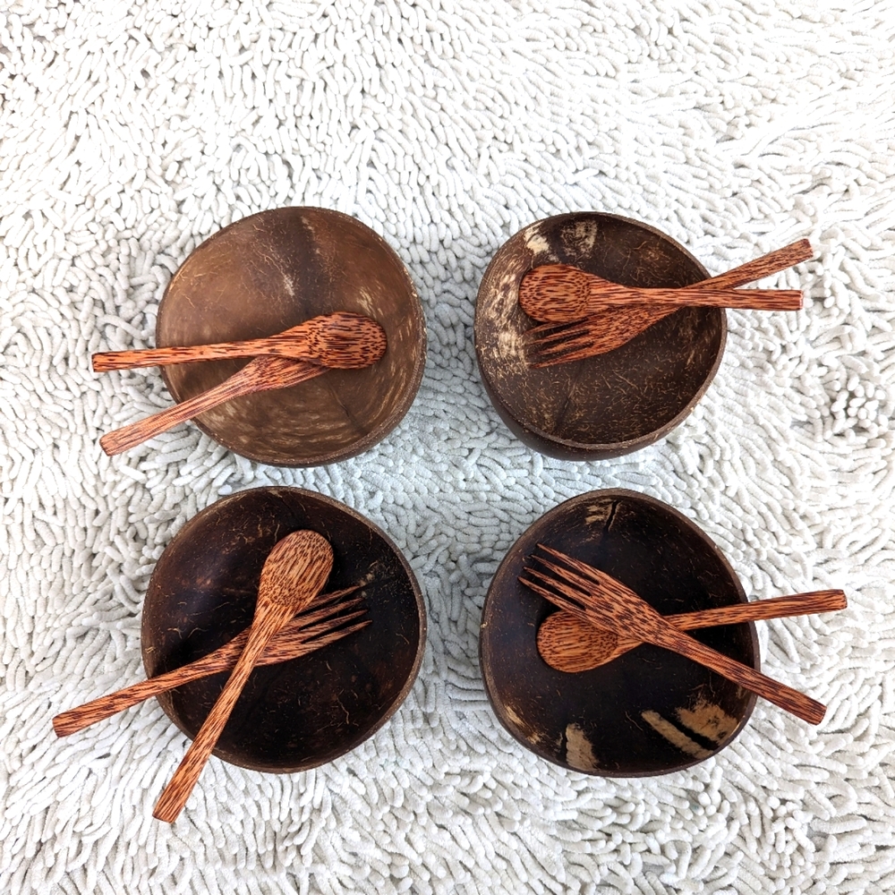 Unbranded coconut bowls with coconut palm cutlery- 4 sets